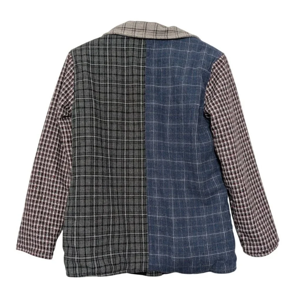 Sacred Threads Patchwork Plaid Jacket Womens Size Small/Medium Gray Fleece Lined